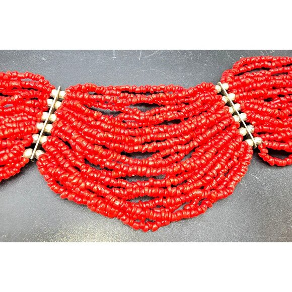 Vintage Red Beaded Multi-Strand Necklace With Silver Accents 20" HS195 - Picture 6 of 7